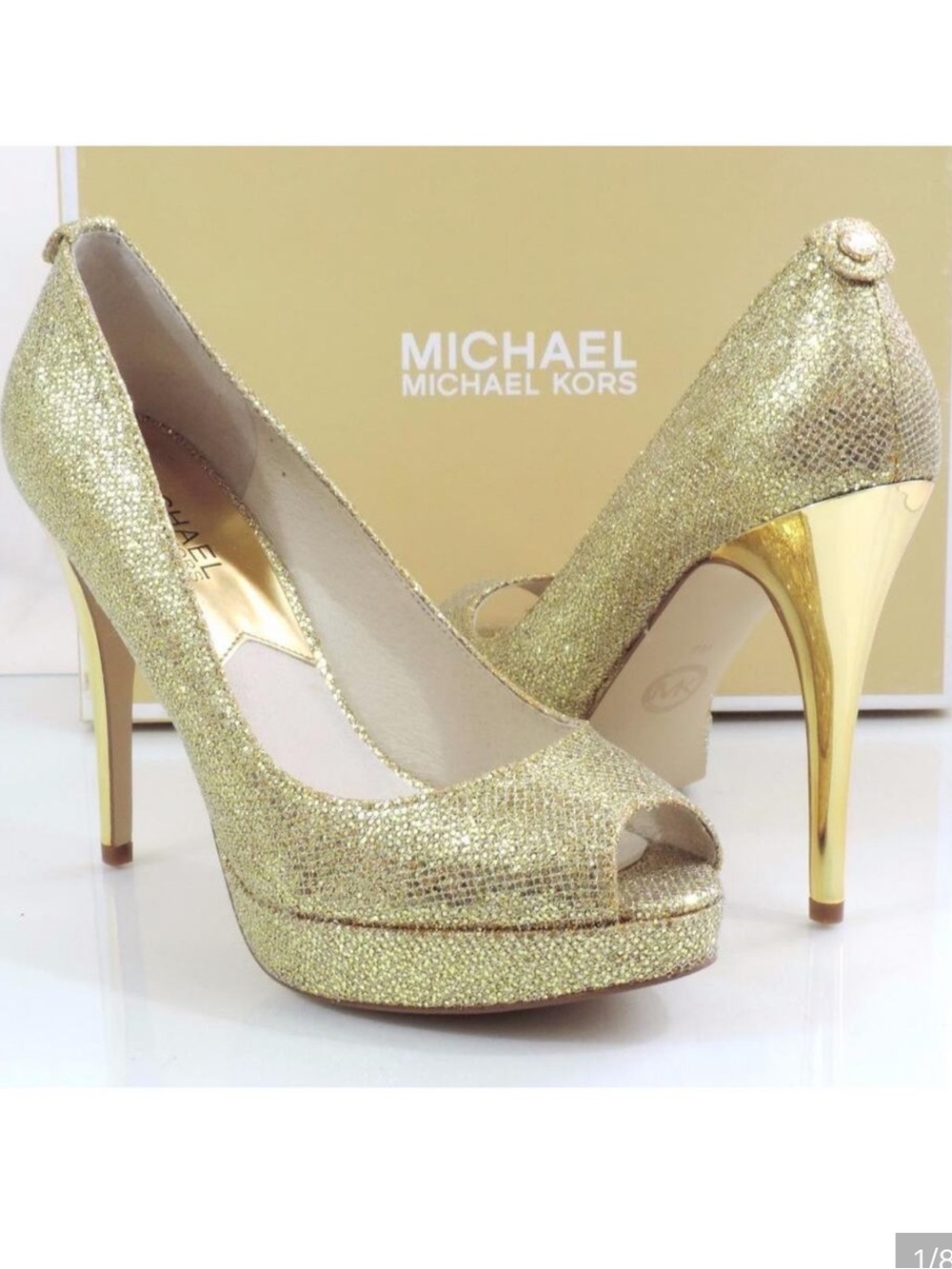 Michael Kors York Evening Platform Open Toe Pumps Heels Gold Glitter